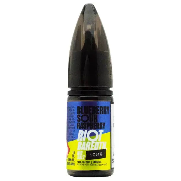 RIOT SQUAD BAR EDTN Blueberry Sour Raspberry vape juice with 10mg nicotine, featured in a sleek bottle.