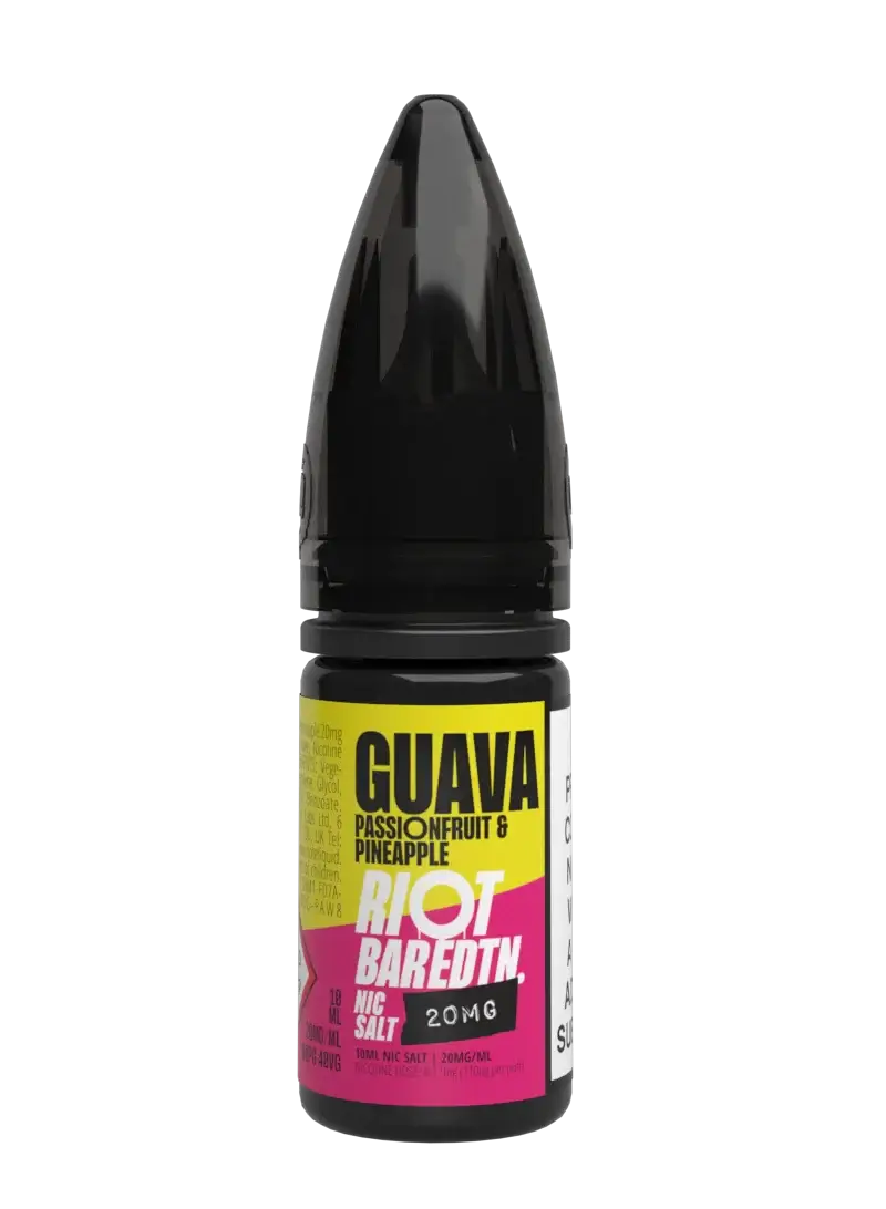 RIOT SQUAD BAR EDTN Guava Passionfruit Pineapple vape bottle, 20mg, featuring bright logo and design.