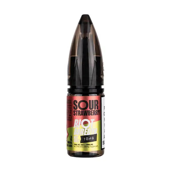 RIOT SQUAD BAR EDTN Sour Strawberry vape juice bottle in 10mg nicotine strength, featuring a sleek design.