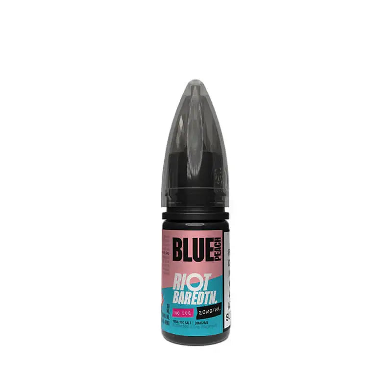 RIOT SQUAD NO ICE SALTS e-liquid bottle in blue peach flavor, ideal for smooth vaping without menthol.
