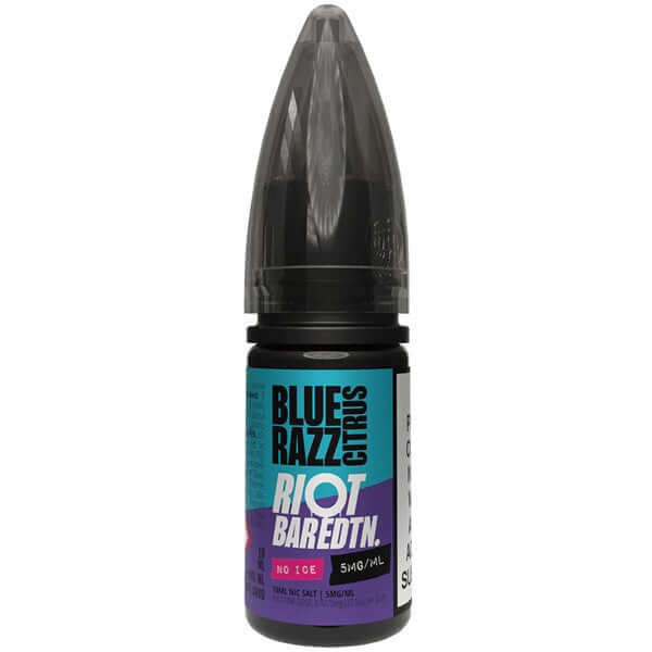 Bottle of RIOT SQUAD Blue Razz Citrus nicotine salt e-liquid, featuring no ice, ideal for smooth vaping.