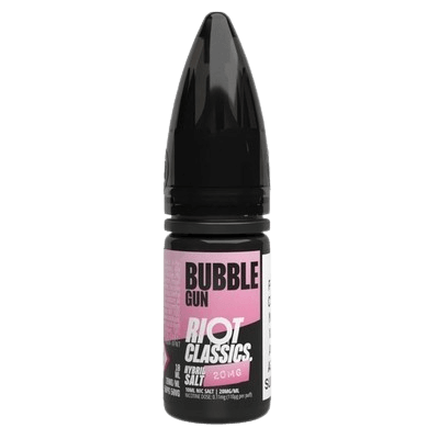 RIOT SQUAD BUBBLE GUN eliquid bottle, part of RIOT CLASSICS line, featuring hybrid nicotine blend for smooth vaping.