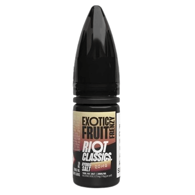 RIOT SQUAD HYBRID NICS Exotic Fruit vape e-liquid bottle showcasing 20mg nicotine strength for smooth vaping experience.